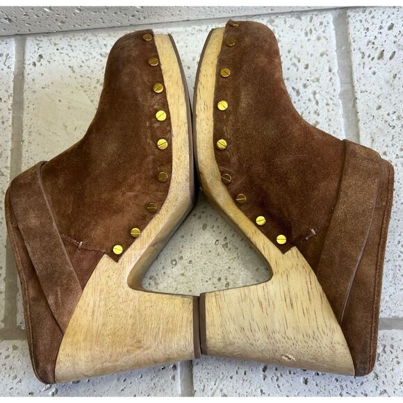 Veronica Beard Dacey Heeled Slip On Clogs Brown Suede Clogs Gold Accents Sz 11 - Picture 9 of 15